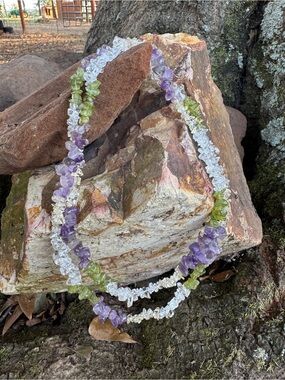 Multi-stone Chip Necklace Amethyst, Clear Quartz & Peridot Olive Gemstones 17"